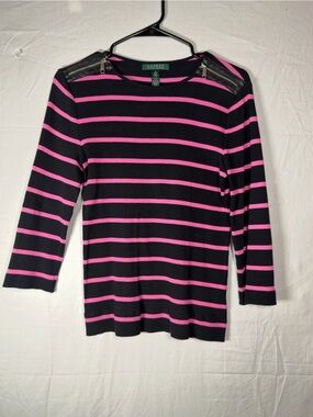 Lauren Ralph Lauren Black and Hot Pink Stripe Crewneck Sweater